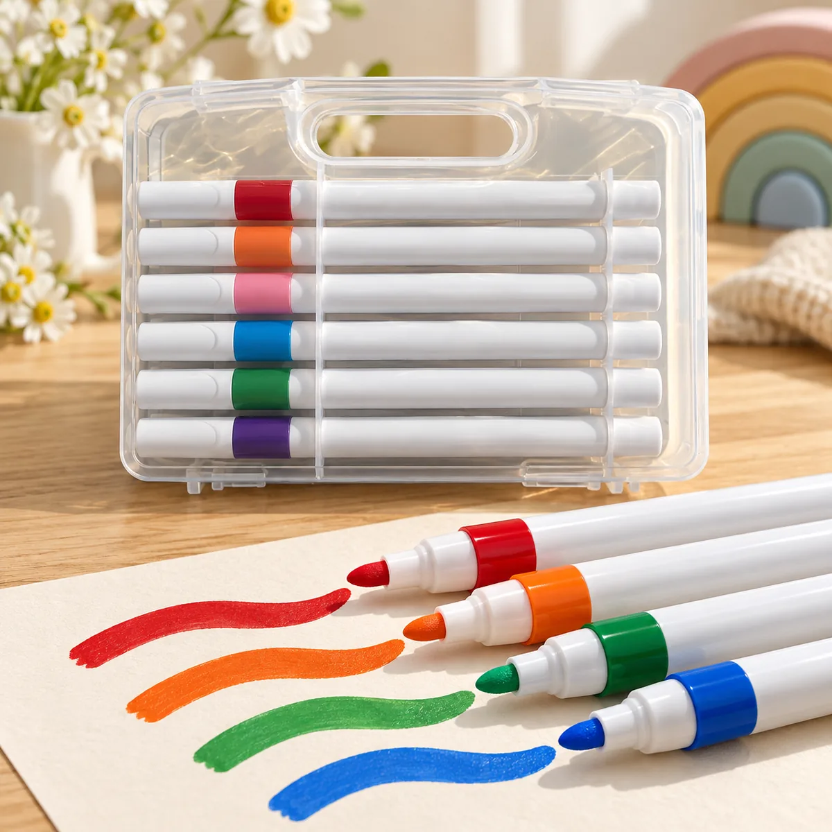 The flat clear carry case packed with markers, with four markers in front drawing thick red, orange, green and blue strokes on paper