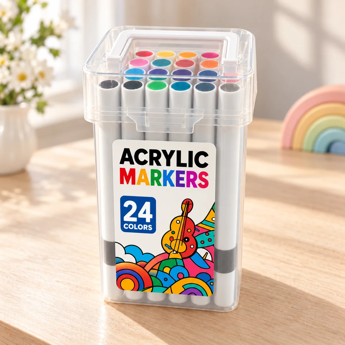 The 24-colour set in its clear carry case with the handle folded down, marker barrels visible through the box and a row of coloured caps across the top