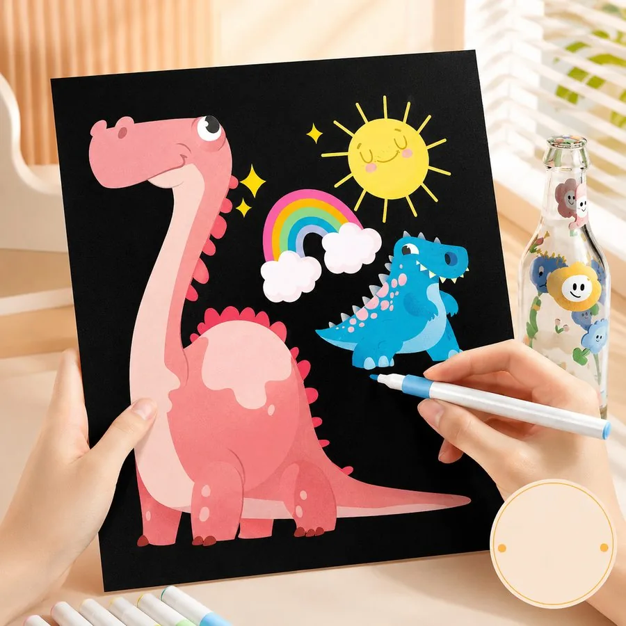 Two dinosaurs, a sun and a rainbow drawn in opaque pastel acrylic on black paper, held in both hands