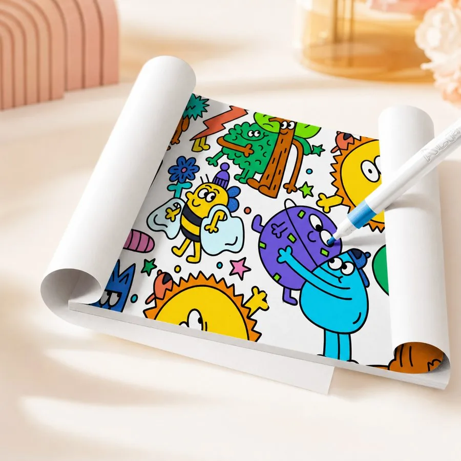 Doodle characters filled in with bright marker colour on white paper