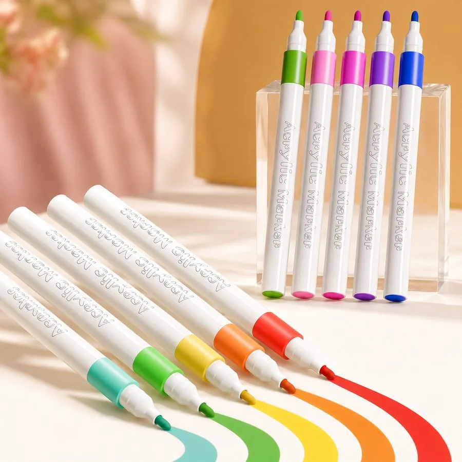 Ten acrylic markers, five standing in a block and five fanned out drawing a rainbow of smooth opaque strokes