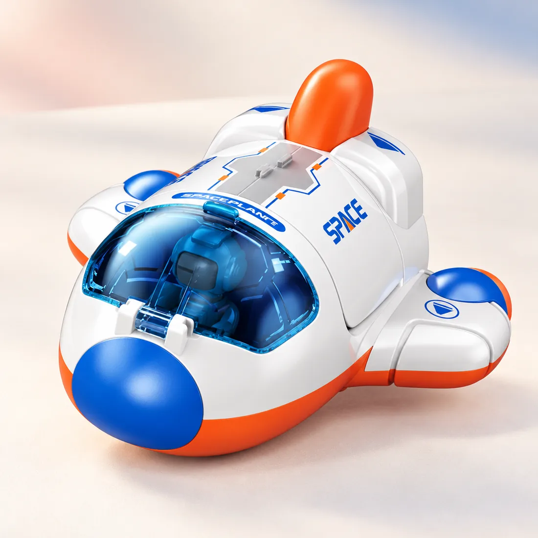 The spaceship in orange and blue, closed