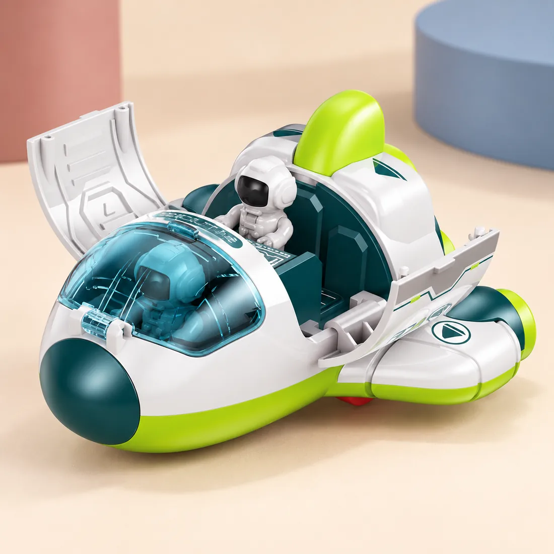 The spaceship with its roof hatch lifted and the astronaut at the controls