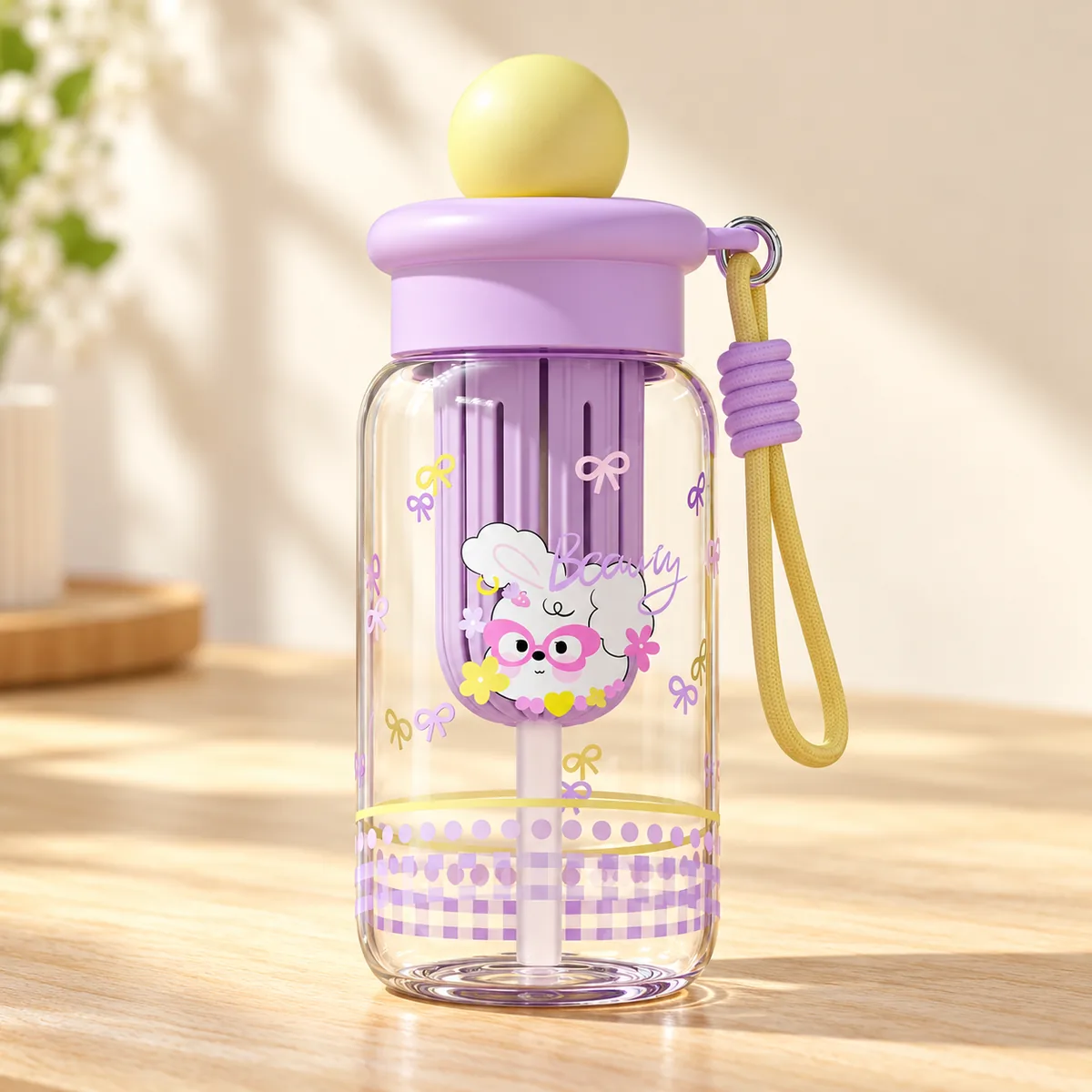 The Elegant Bunny design - lilac lid, yellow ball, a bunny in glasses on the straw sleeve