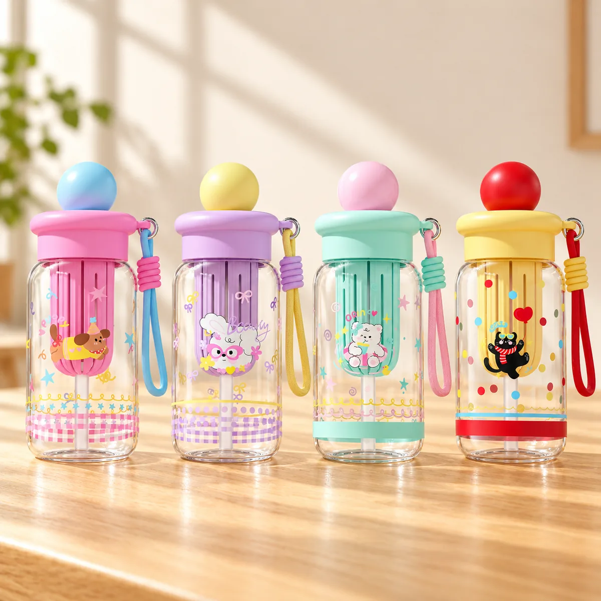 All four Ball-Top Buddy Bottles lined up - pink with a puppy, purple with a bunny, mint with a bear and yellow with a cat, each with a coloured ball on the lid