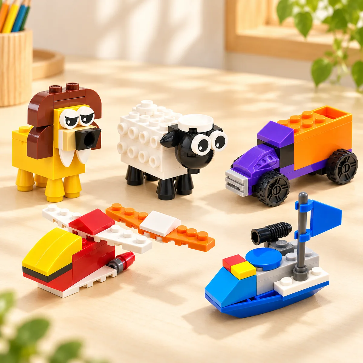 Five brick-built sharpeners together - a lion, a sheep, a tipper truck, a helicopter and a boat