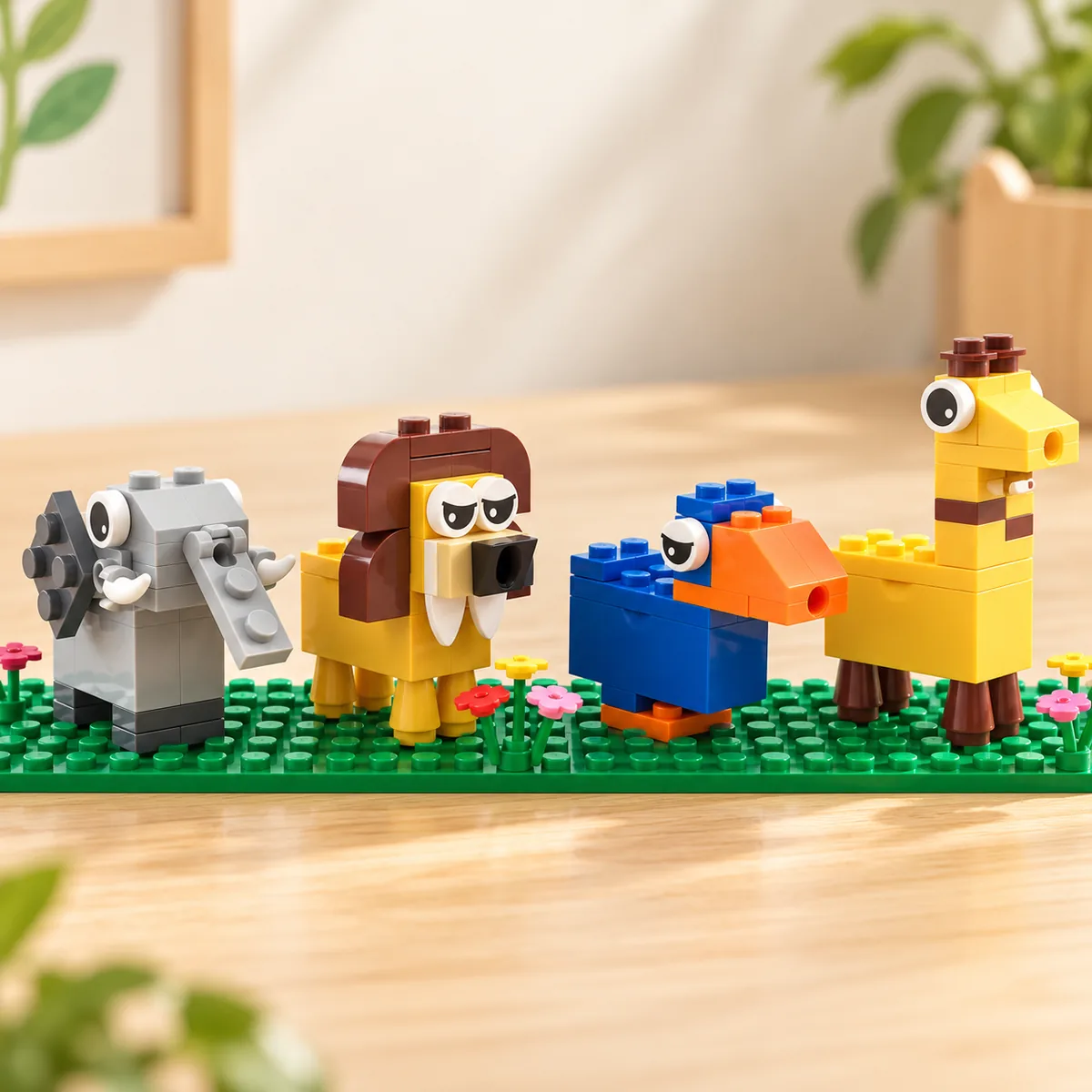 The Jungle Friends shapes - elephant, lion, bird and giraffe on a green baseplate