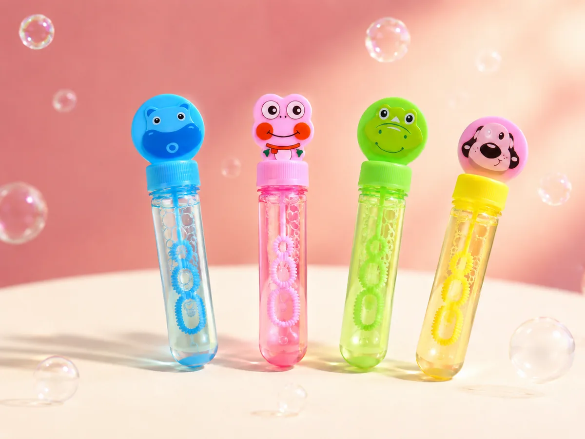 Bowory animal bubble wands — hippo, frog, lion and puppy, in soft candy colours