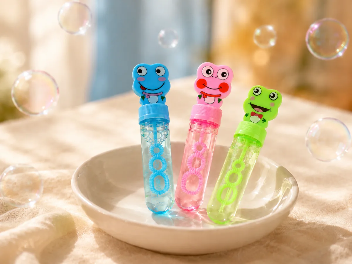 Three bubble wands resting in a dish, soft daylight