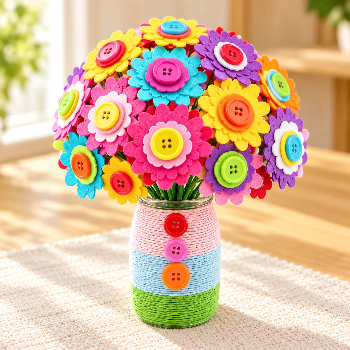 A finished bouquet of layered felt flowers with bright button centres, standing in a vase wrapped in pink, blue and green cord
