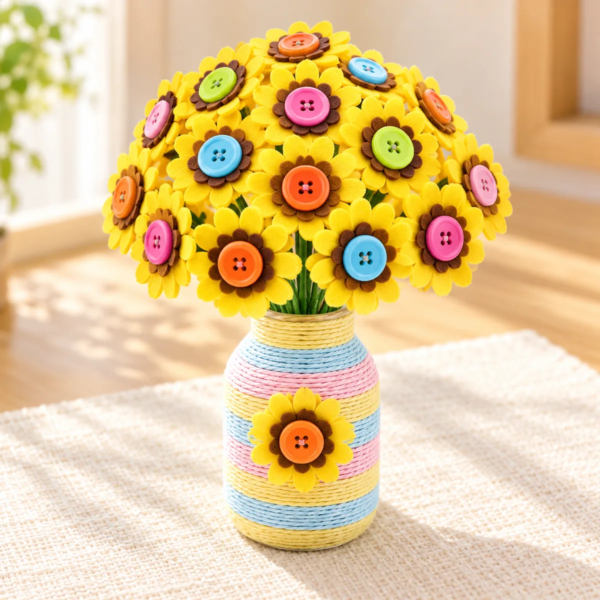 The sunflower version - yellow petals with brown centres and coloured buttons