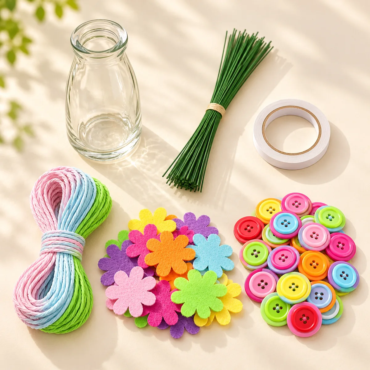 Everything in the kit laid out - vase, wire stems, tape, coloured cord, felt petals and buttons