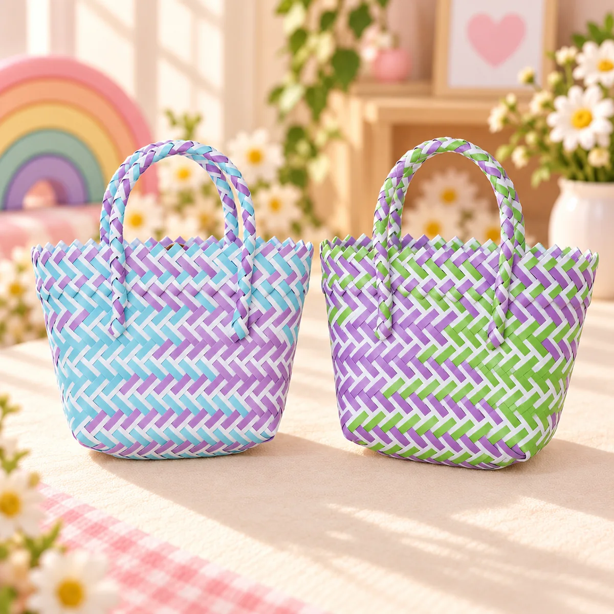 Two woven totes in purple-blue and purple-green