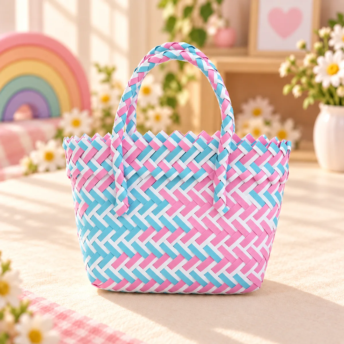 A single pink and blue woven tote, showing the scalloped woven rim and plaited handle