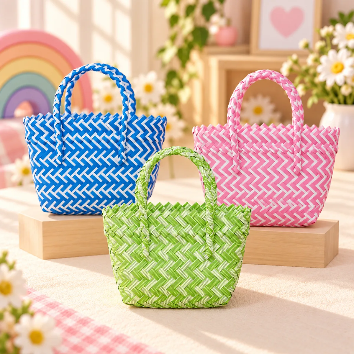 Three woven totes in sapphire blue, pink and grass green