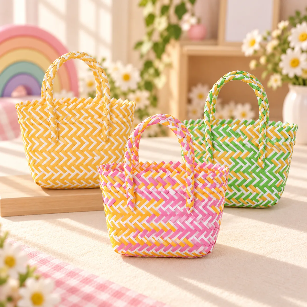 Three woven basket totes in yellow, pink-orange and green, each woven from flat two-tone strips with plaited handles