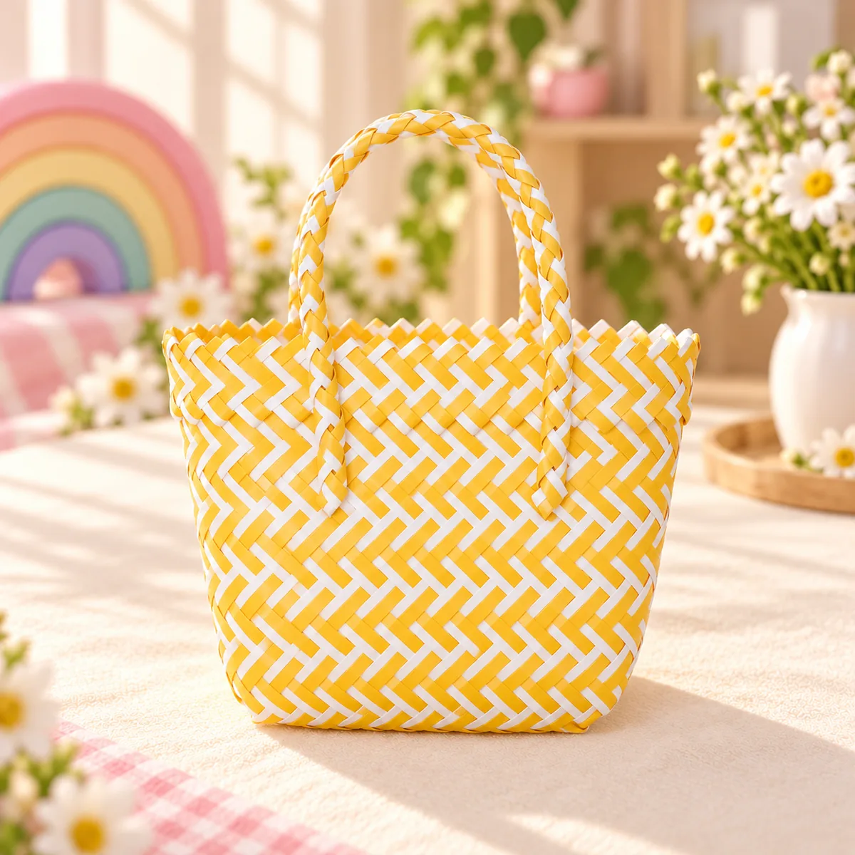 A single yellow and white woven tote standing on a table