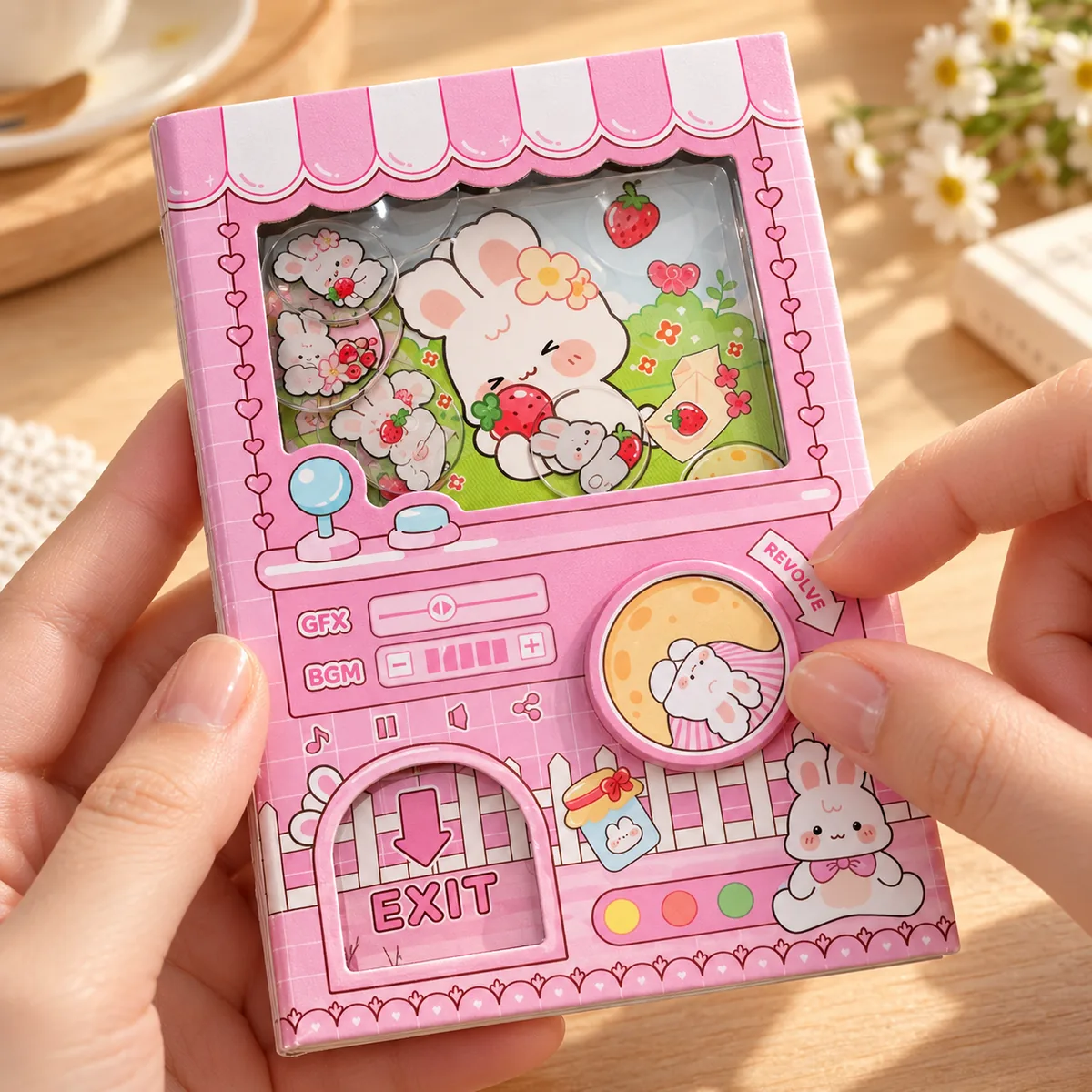 The pink bunny notebook held in both hands, the window showing bunnies and strawberries behind clear capsules