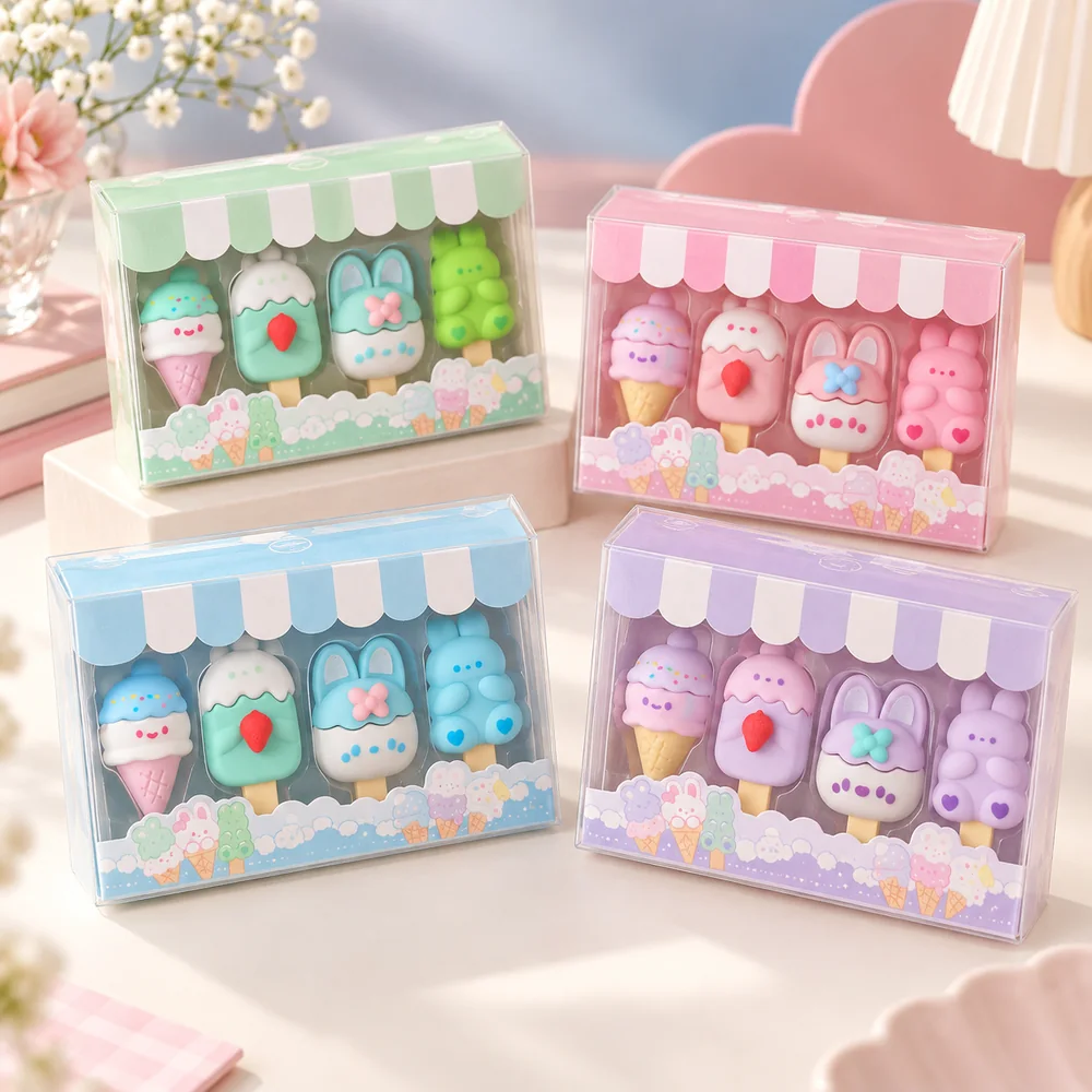 All four Ice Cream Party colourways standing side by side, each box a little striped ice-cream stand