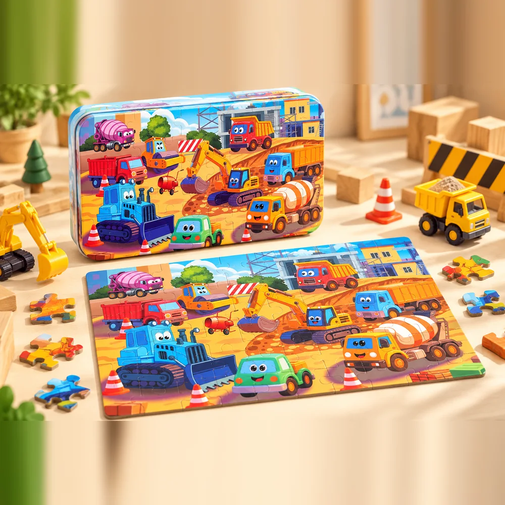 The Diggers & Trucks tin beside its completed jigsaw — excavator, mixer and dump truck on a building site