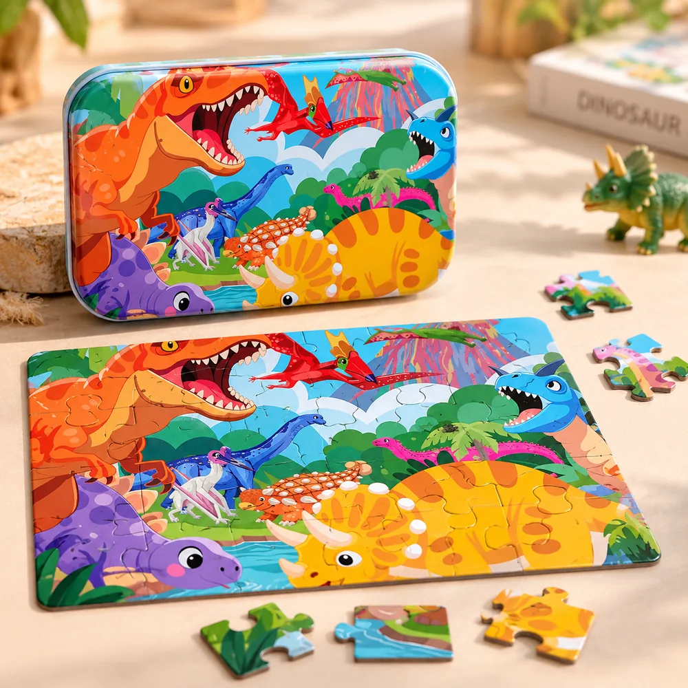 The Dino World tin beside its completed jigsaw — T-rex, triceratops and a volcano