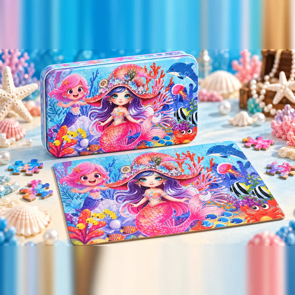 The Mermaid tin beside its completed jigsaw — two mermaids, coral and a dolphin