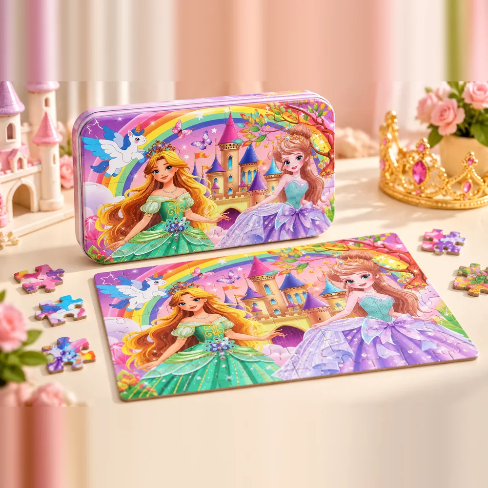 The Princess tin beside its completed jigsaw — two princesses, a castle and a rainbow