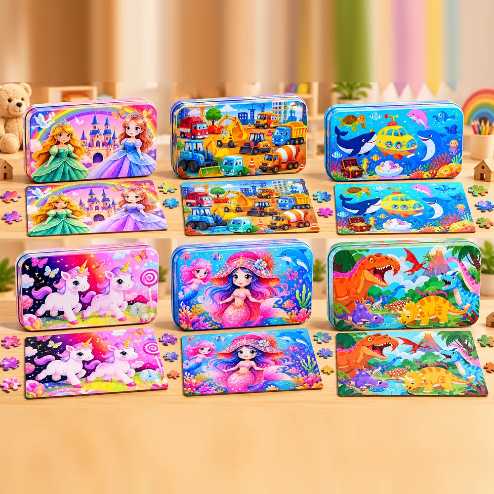All six Wooden Jigsaw Tin styles with their puzzles laid out — princesses, diggers, under the sea, unicorns, mermaid and dinosaurs