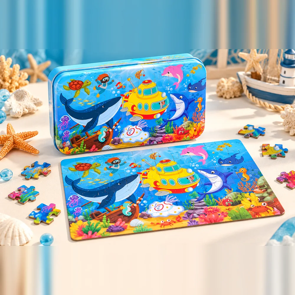 The Under the Sea tin beside its completed jigsaw — a whale, a yellow submarine and a shark