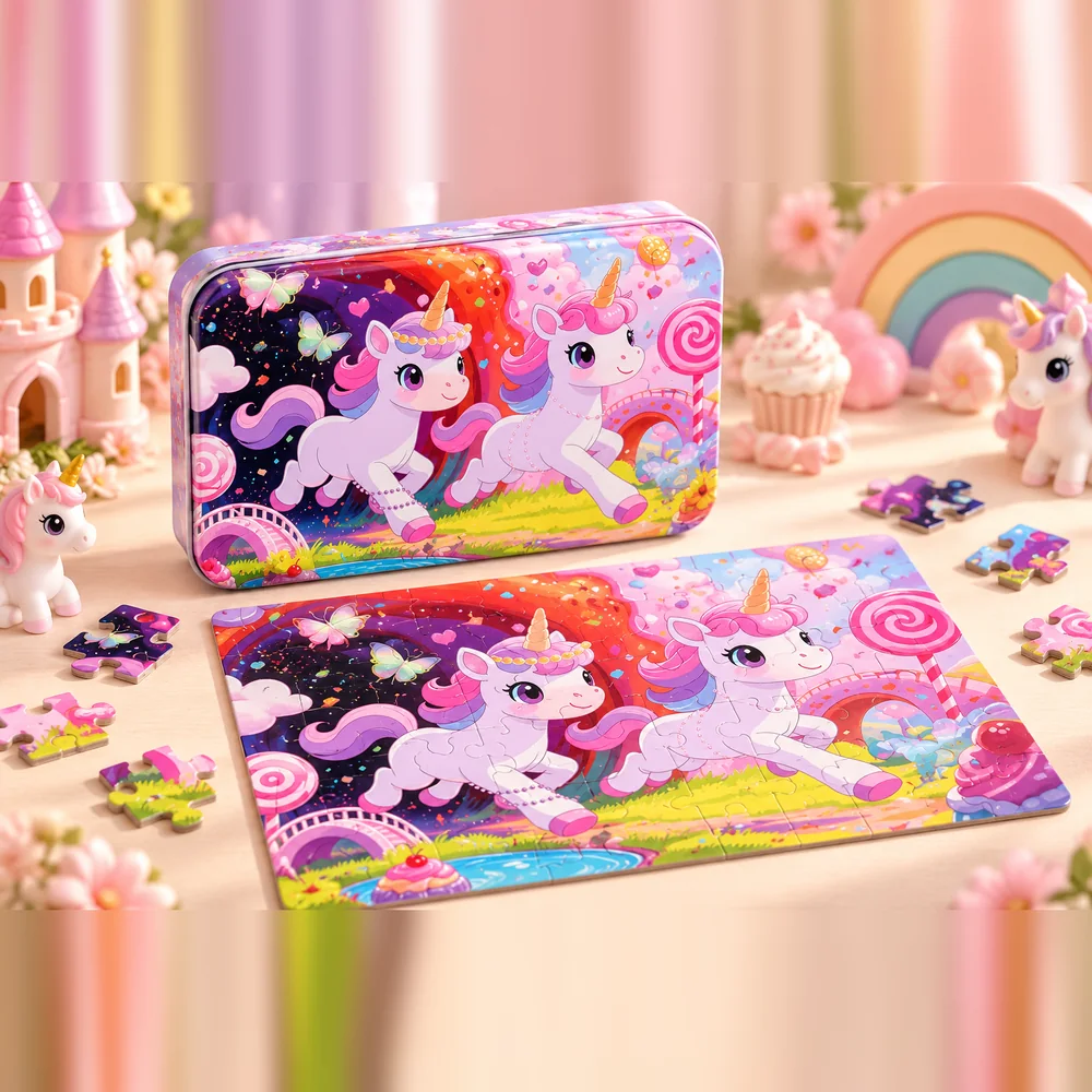 The Unicorn tin beside its completed jigsaw — two unicorns on a rainbow and candy meadow