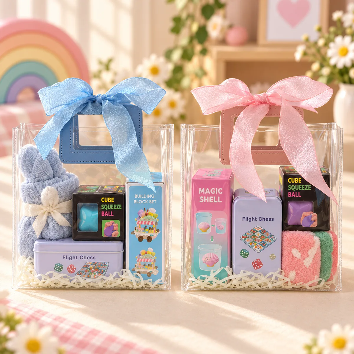 Two clear Bow Totes side by side, one with a blue handle and blue organza bow, one with a pink handle and pink bow, each packed with four gifts on a bed of paper shred