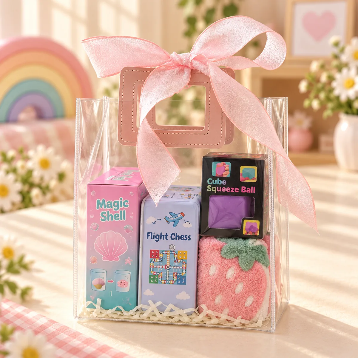 A single clear Bow Tote with a pink handle and pink organza bow, filled with four gifts standing upright
