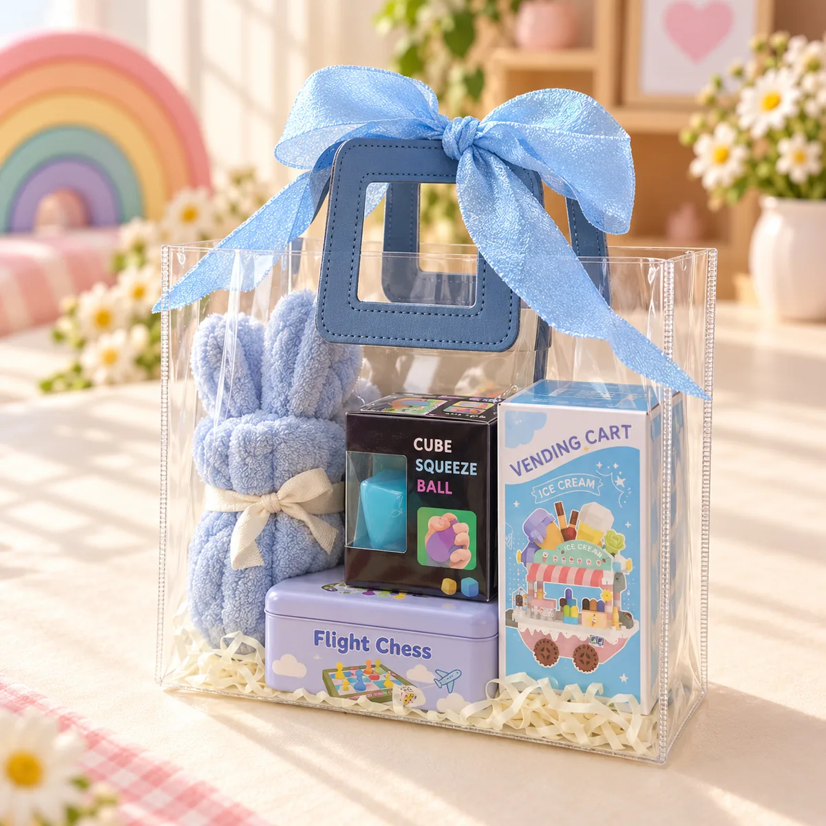 A single clear Bow Tote with a blue handle and blue organza bow, filled with four gifts standing upright