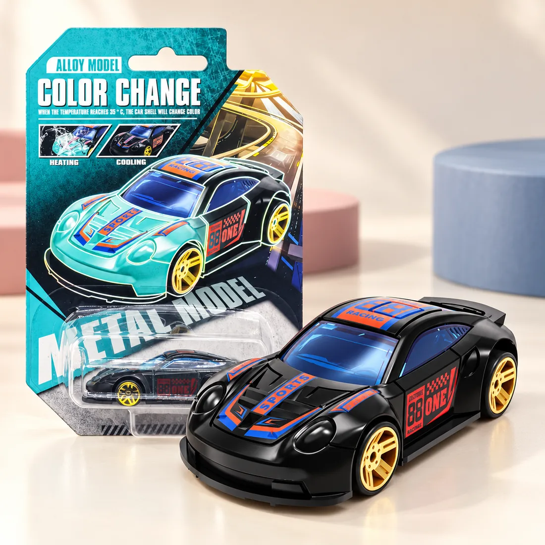 The black racer with blue and orange graphics