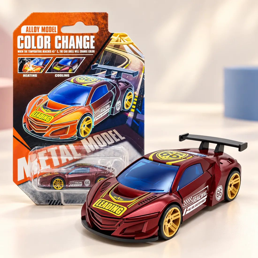 The deep red racer on its card