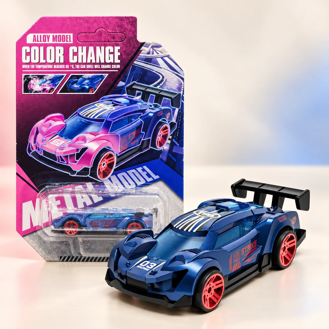 The navy racer with red wheels and a black wing