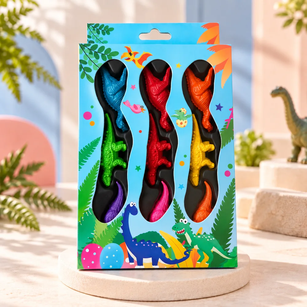The Colourful Dino Crayons box — nine dinosaur crayons set into a moulded tray behind a printed jungle sleeve