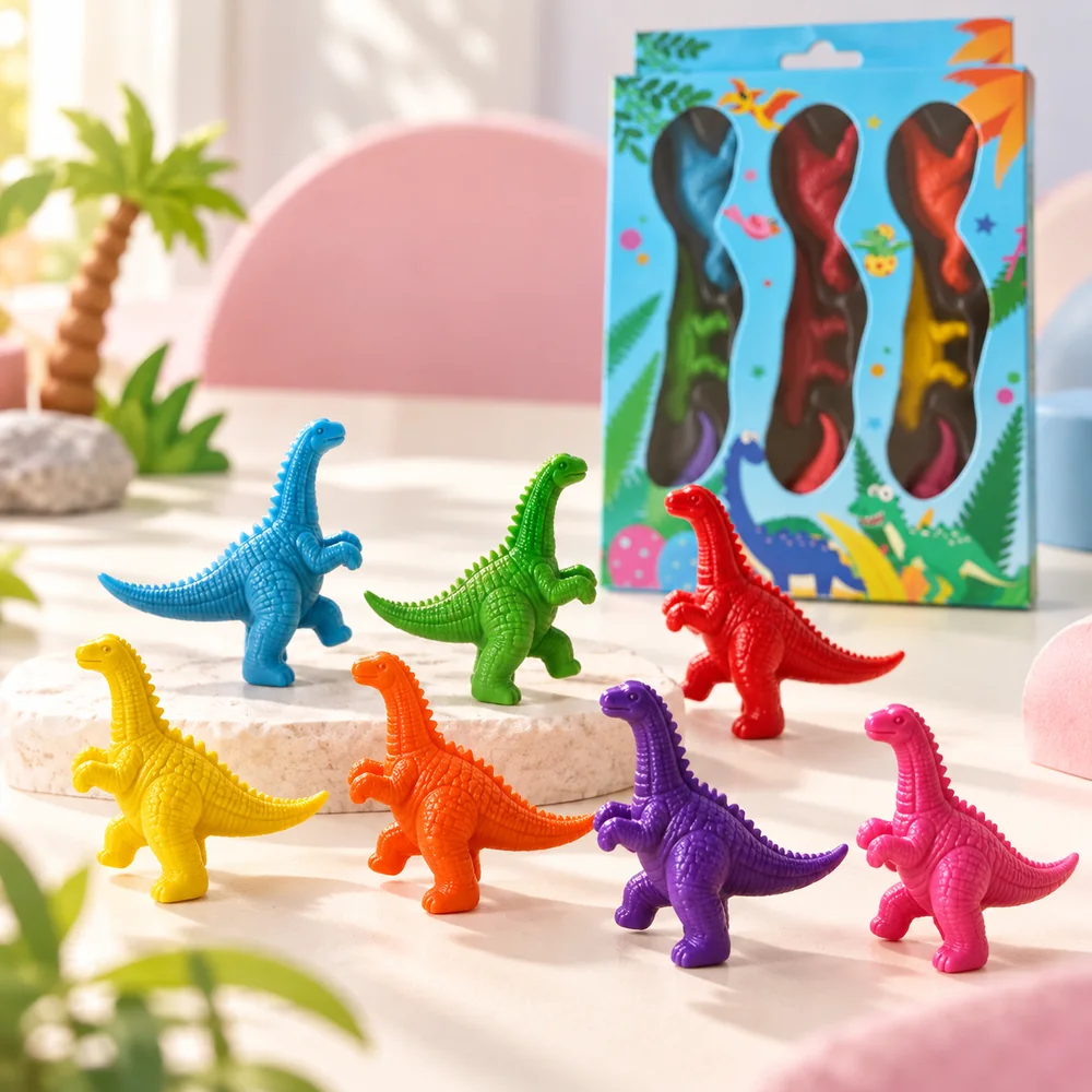 Seven of the dinosaur crayons standing on a table, showing the moulded scales and chunky bodies