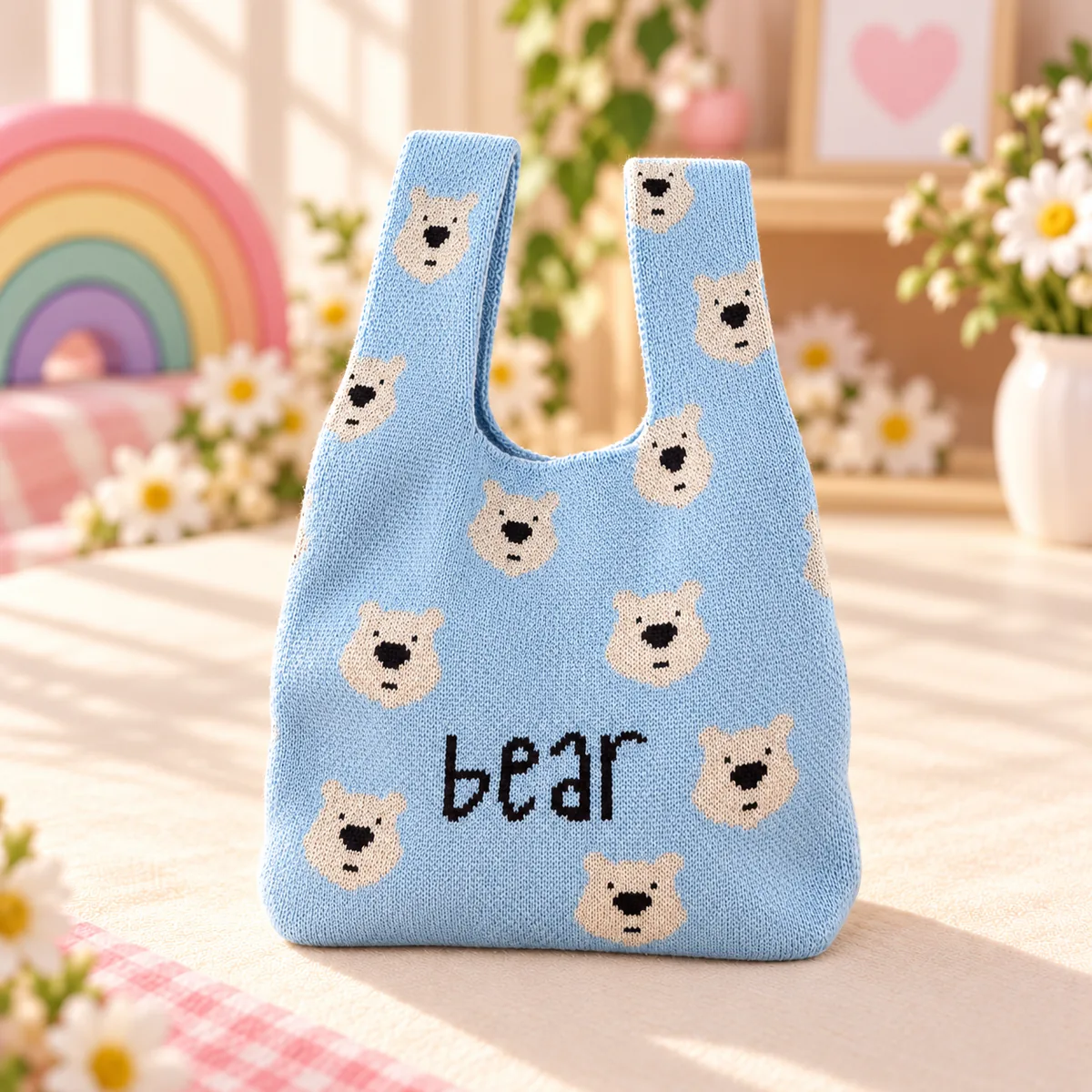 A pale blue knit tote covered in cream bear faces with the word bear knitted across the front