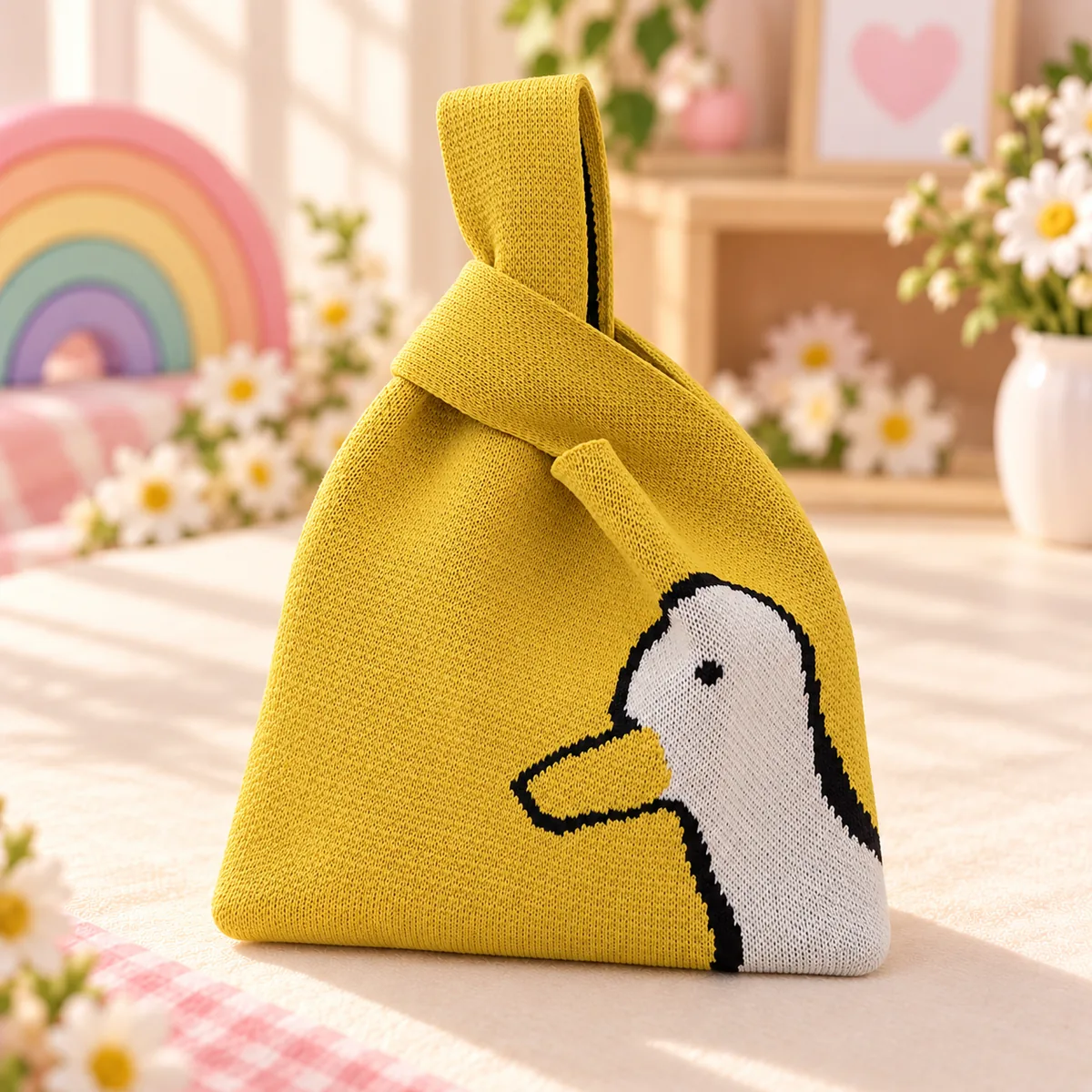 A mustard yellow knit tote with a large white duck knitted on the front and a knot handle