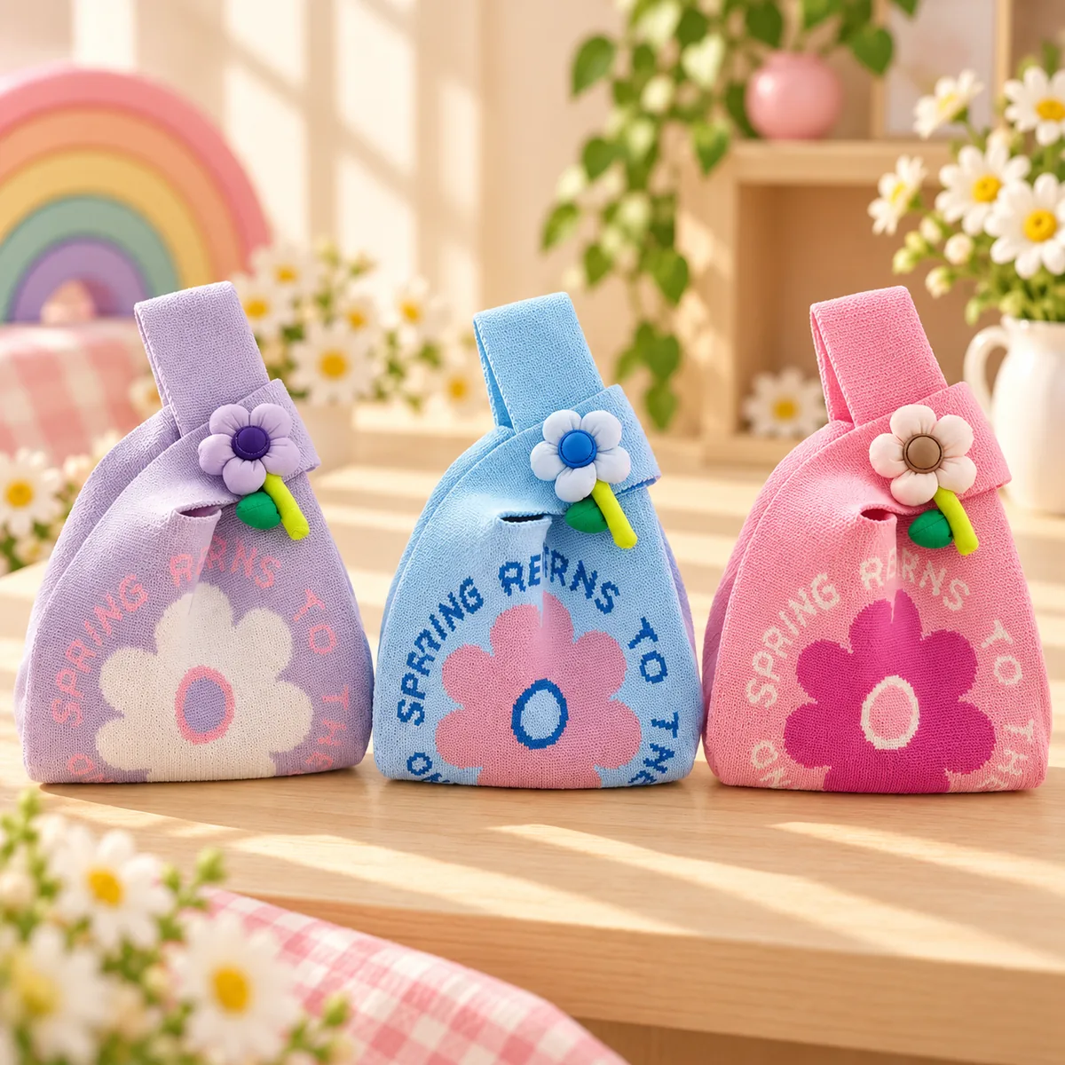 Three pastel knit totes with a soft flower charm on the handle