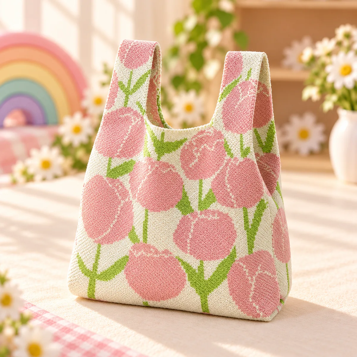A pink tulip knit tote with vest-style handles, knitted in pink and green on cream