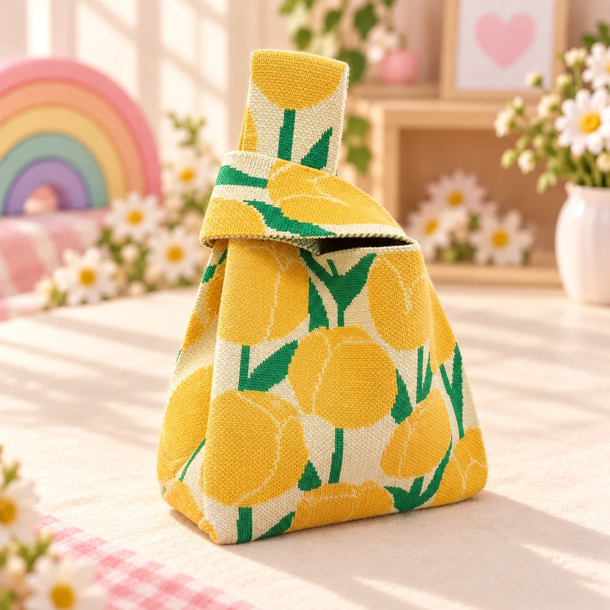 A yellow tulip knit tote