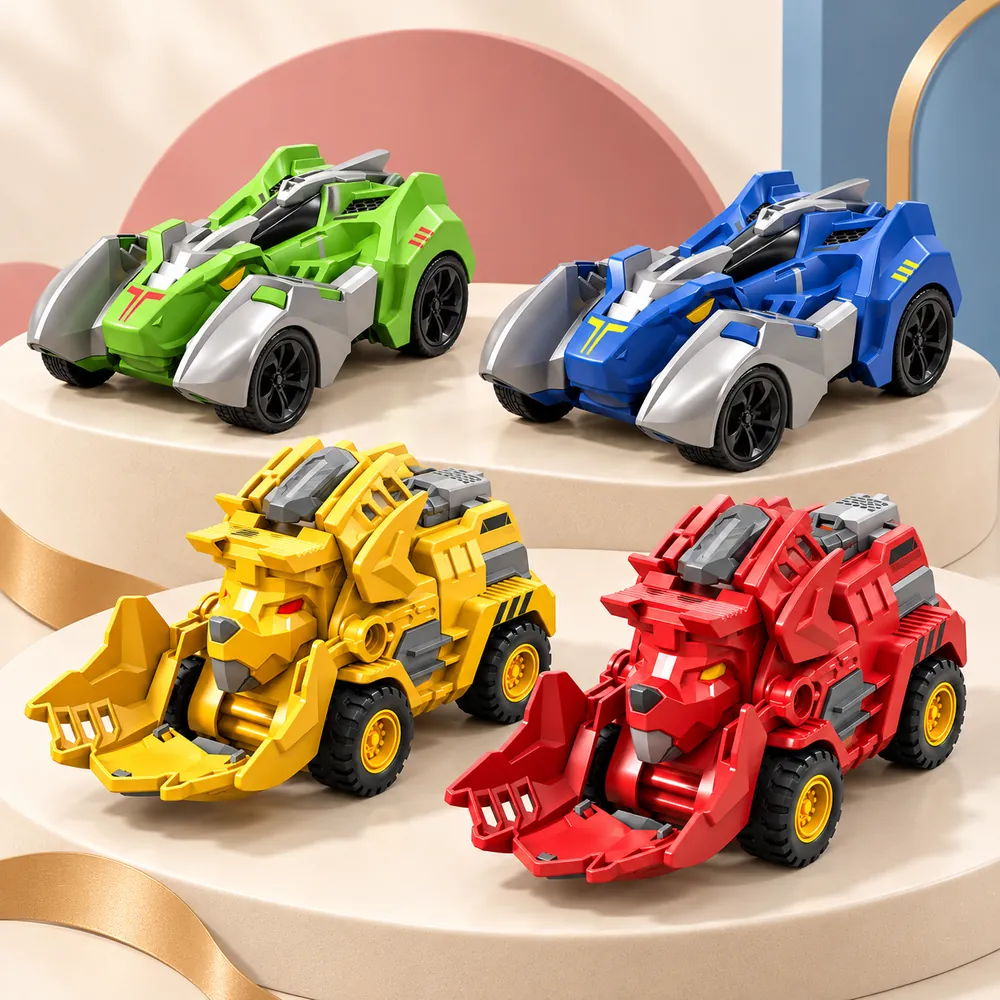 Four Dino Crasher vehicles on podiums - a green and a blue dinosaur racer, and a yellow and a red dinosaur bulldozer with jaws open