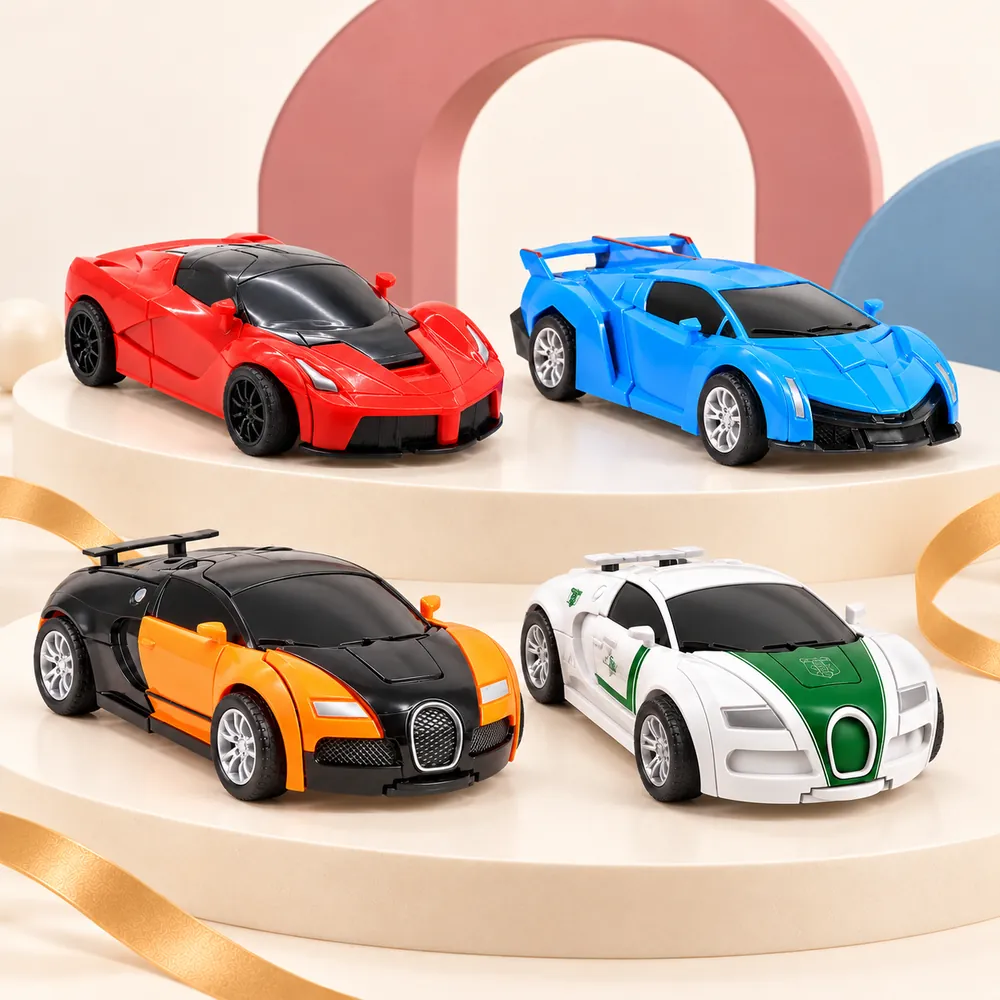 Four Super Racer cars on podiums in red, blue, orange-black and white-green