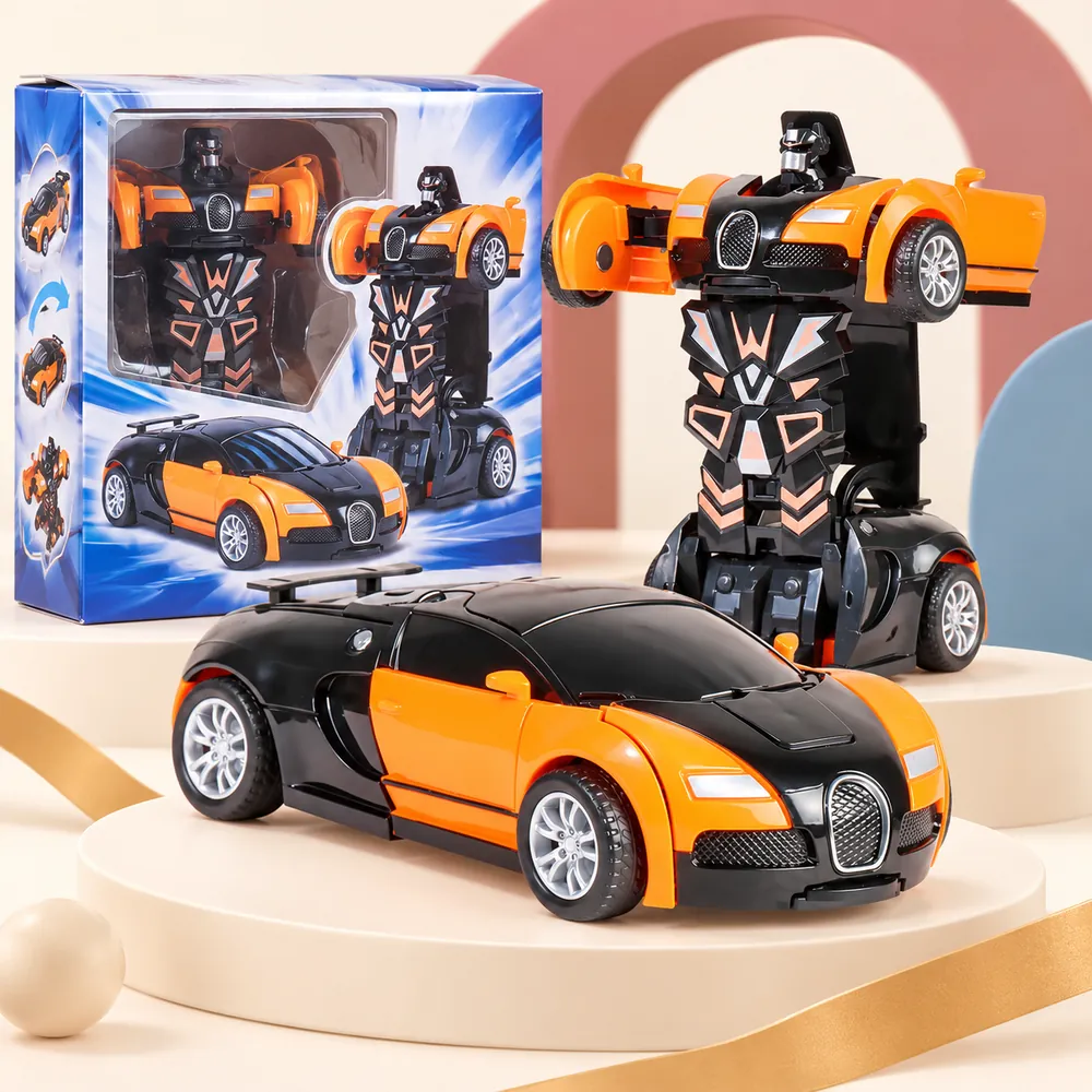 The orange and black Super Racer as a car and risen into robot mode, with its window box