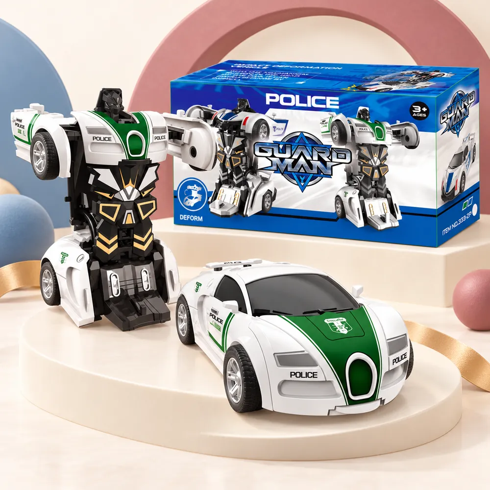 The white and green emergency-services Super Racer as a car and risen into robot mode, with its window box