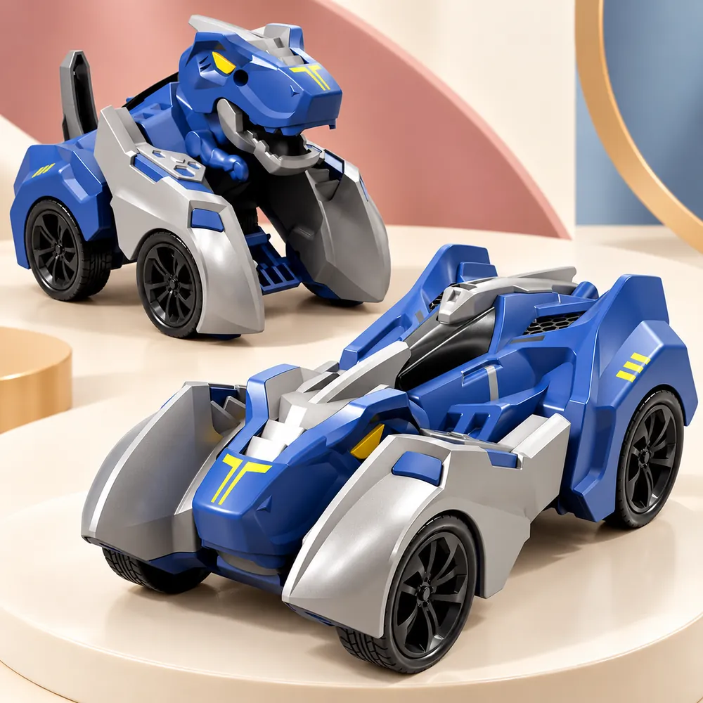 The blue T-rex racer as a car and sprung open