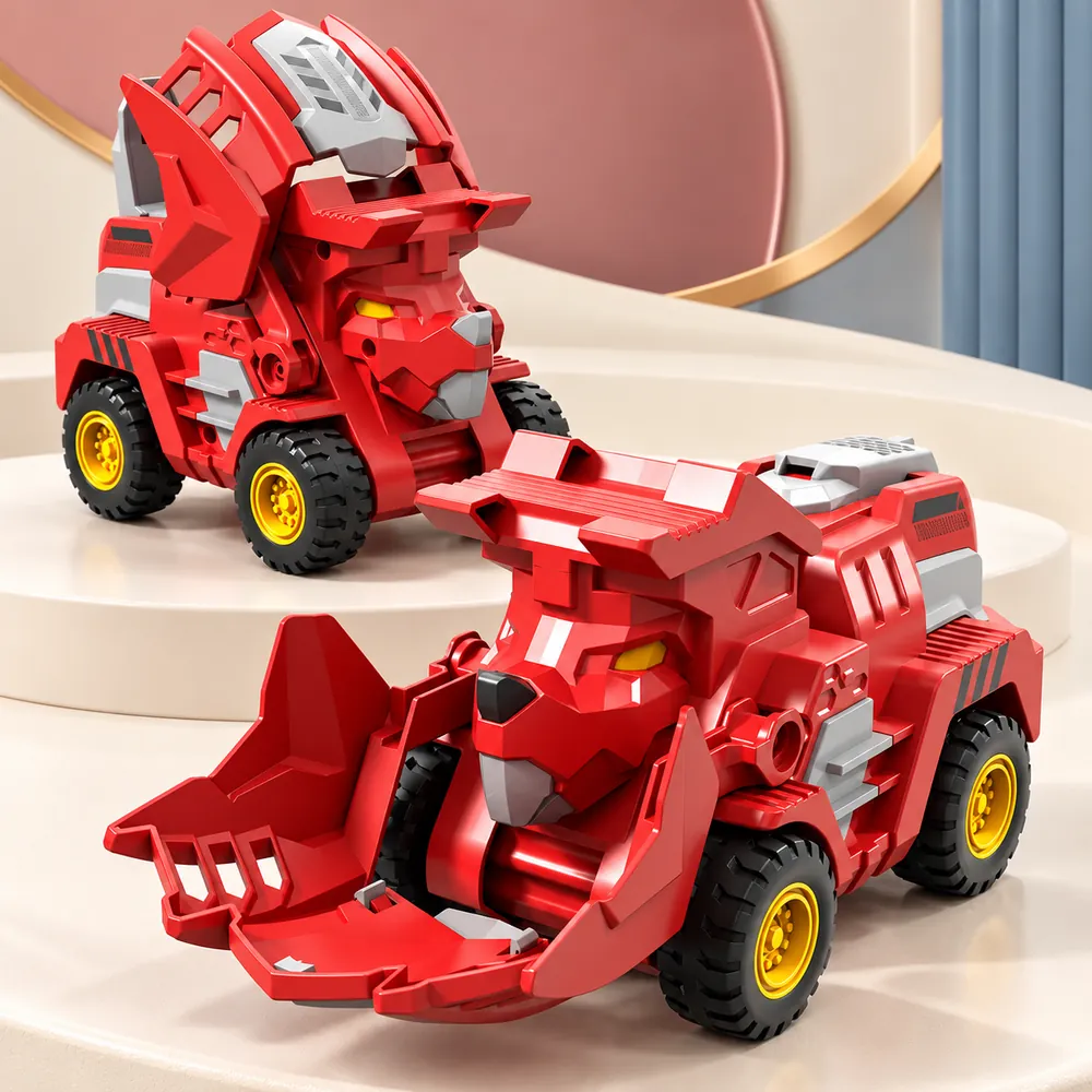 The red triceratops bulldozer closed and open