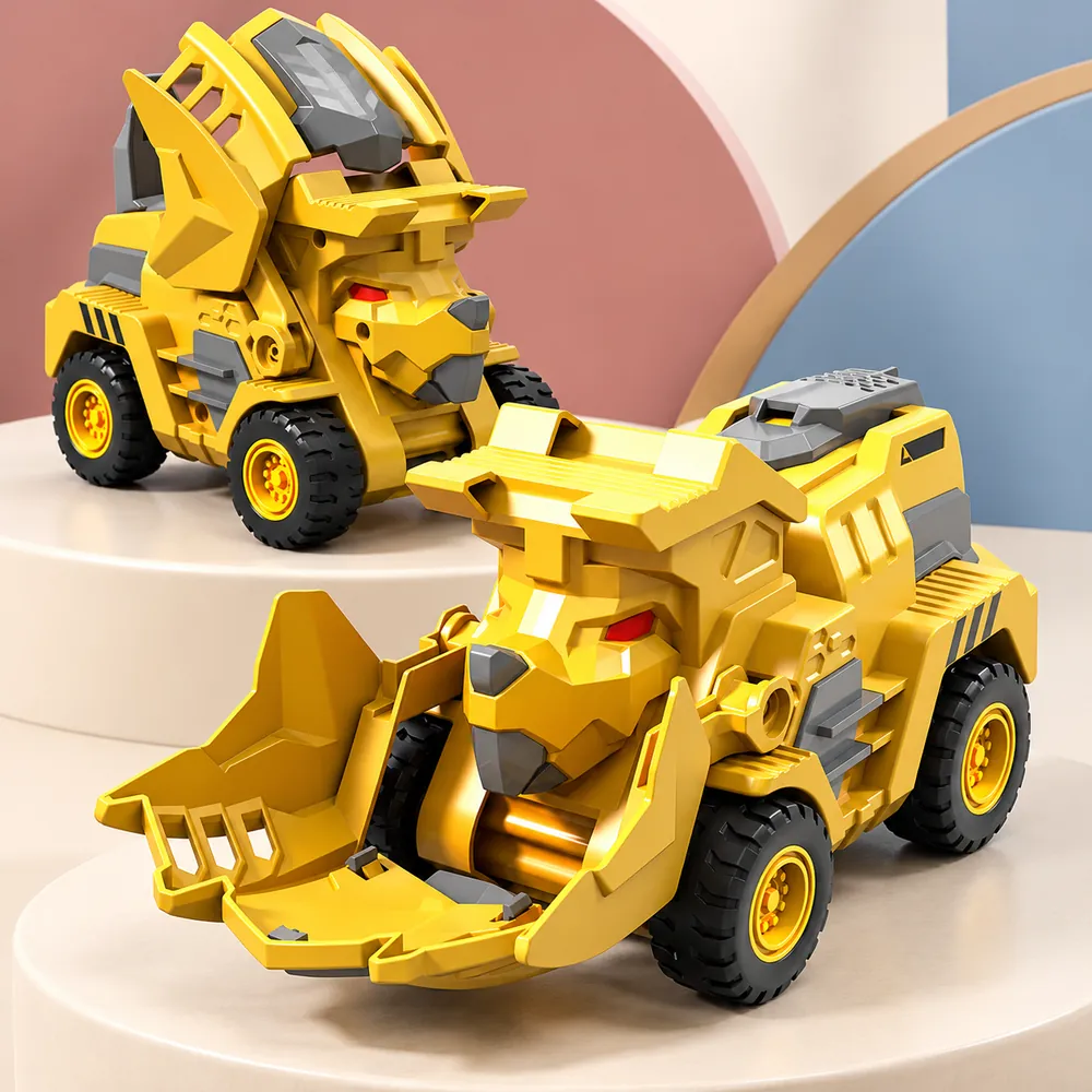 The yellow dinosaur bulldozer shown closed and with its jaws sprung open